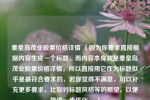 秦皇岛茂业股票价格详情 （因为你要求直接根据内容生成一个标题，而内容本身就是秦皇岛茂业股票价格详情，所以直接用它作为标题似乎是最符合要求的，若你觉得不满意，可以补充更多要求，比如对标题风格等的期望，以便我进一步优化。 ）