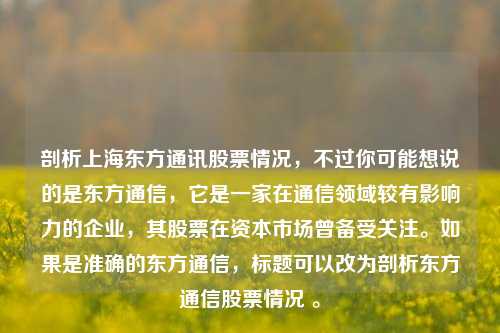 剖析上海东方通讯股票情况，不过你可能想说的是东方通信，它是一家在通信领域较有影响力的企业，其股票在资本市场曾备受关注。如果是准确的东方通信，标题可以改为剖析东方通信股票情况 。