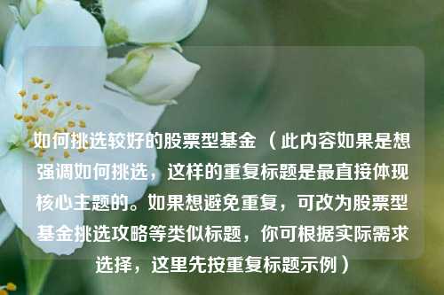 如何挑选较好的股票型基金 （此内容如果是想强调如何挑选，这样的重复标题是最直接体现核心主题的。如果想避免重复，可改为股票型基金挑选攻略等类似标题，你可根据实际需求选择，这里先按重复标题示例）