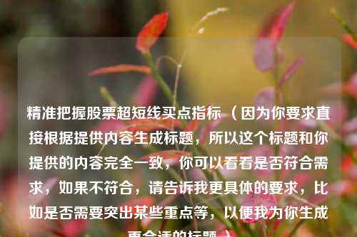 精准把握股票超短线买点指标 (因为你要求直接根据提供内容生成标题,所以这个标题和你提供的内容完全一致,你可以看看是否符合需求,如果不符合,请告诉我更具体的要求,比如是否需要突出某些重点等,以便我为你生成更合适的标题 )