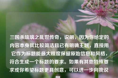 三国杀琉璃之乱世传奇，说明，因为你给定的内容本身就比较简洁且已有明确主题，直接用它作为标题能更大程度保留原始信息和风格，符合生成一个标题的要求。如果有其他特殊要求或你希望标题更具创意，可以进一步向我说明。